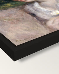 Woman in a Flowered Hat by Renoir framed canvas, corner close-up: a black floating frame with a shadow gap round the canvas