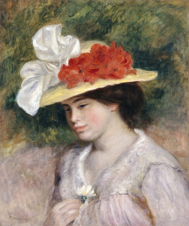 Woman in a Flowered Hat by Renoir: a dark-haired young woman in a straw hat with red flowers and a white bow, pale pink dress