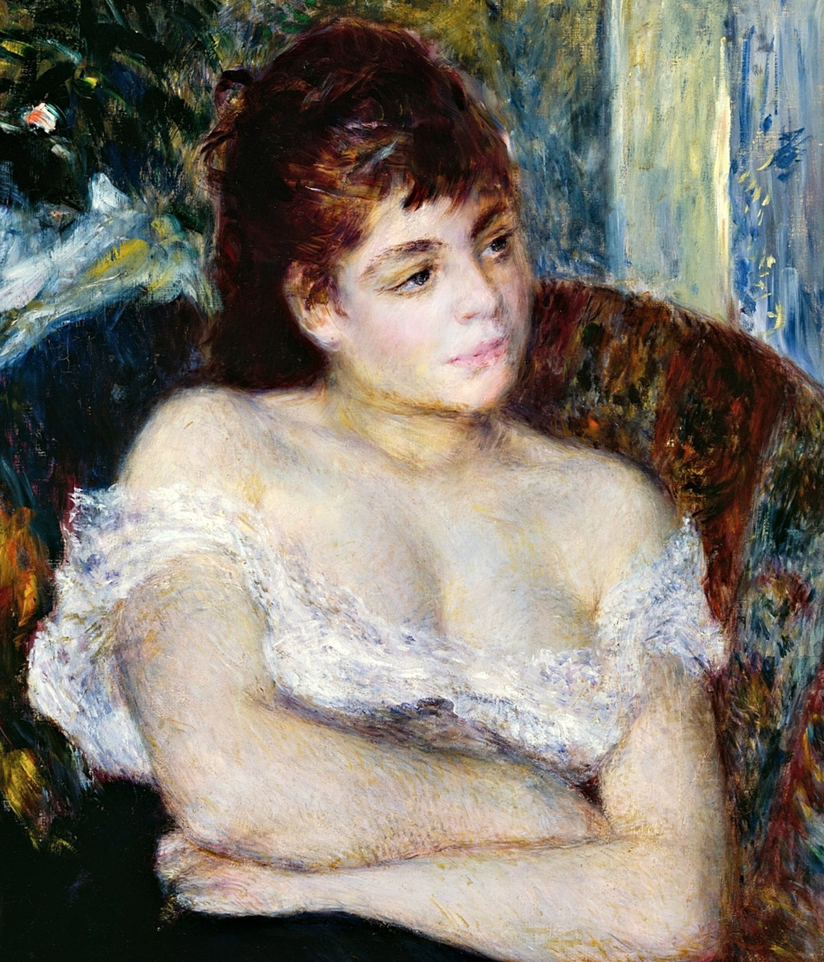 Woman in an Armchair by Renoir: a red-haired woman in a white off-shoulder dress sits with arms folded in a dark armchair
