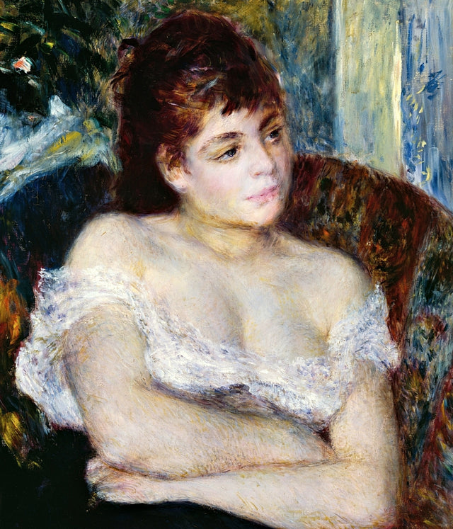 Woman in an Armchair by Renoir: a red-haired woman in a white off-shoulder dress sits with arms folded in a dark armchair