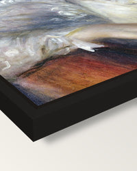 Woman with a Hat by Renoir framed canvas, corner close-up: a black floating frame with a shadow gap round the canvas