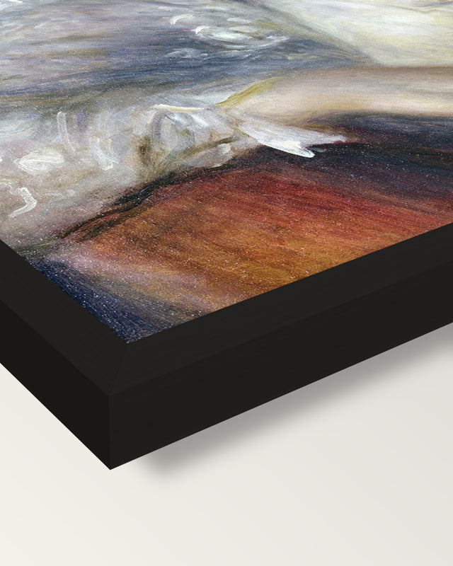 Woman with a Hat by Renoir framed print, corner close-up: black moulding, mitred, the print set just below its edge