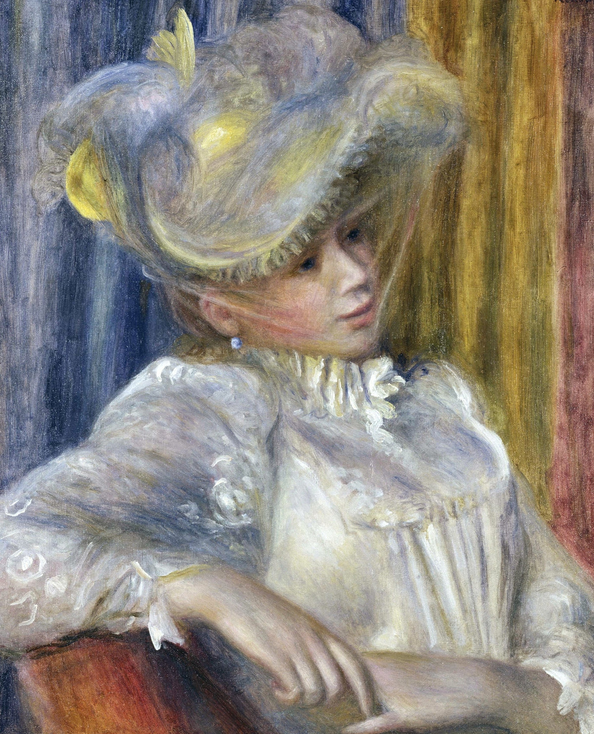 Woman with a Hat by Renoir: a young woman in a large pale hat and white blouse leans on her arm, gold curtain behind