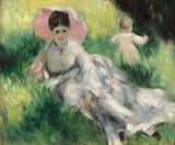 Woman with a Parasol by Renoir: a woman in white with a pink parasol lying in green grass, a small child behind