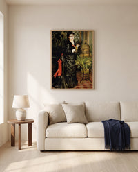 Woman with a Parrot by Pierre-Auguste Renoir framed in natural oak above a cream sofa in a warm living room