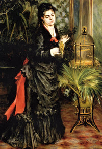 Woman with a Parrot by Renoir: a woman in a black dress with a red sash holds a green parrot beside a gilded cage and plants