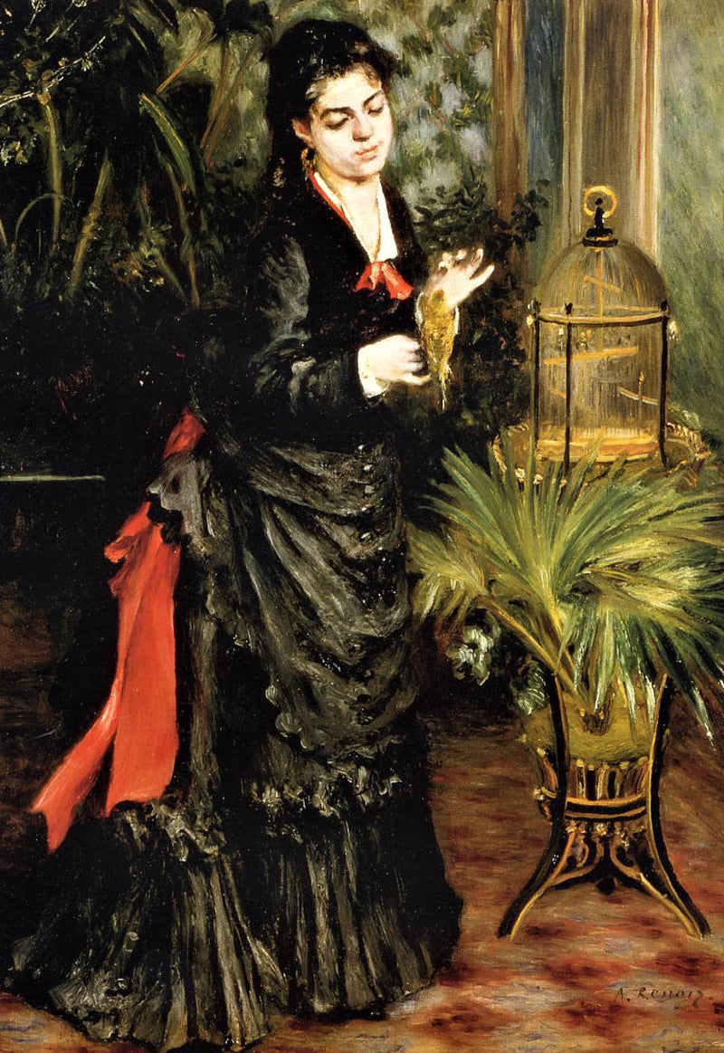 Woman with a Parrot by Renoir: a woman in a black dress with a red sash holds a green parrot beside a gilded cage and plants