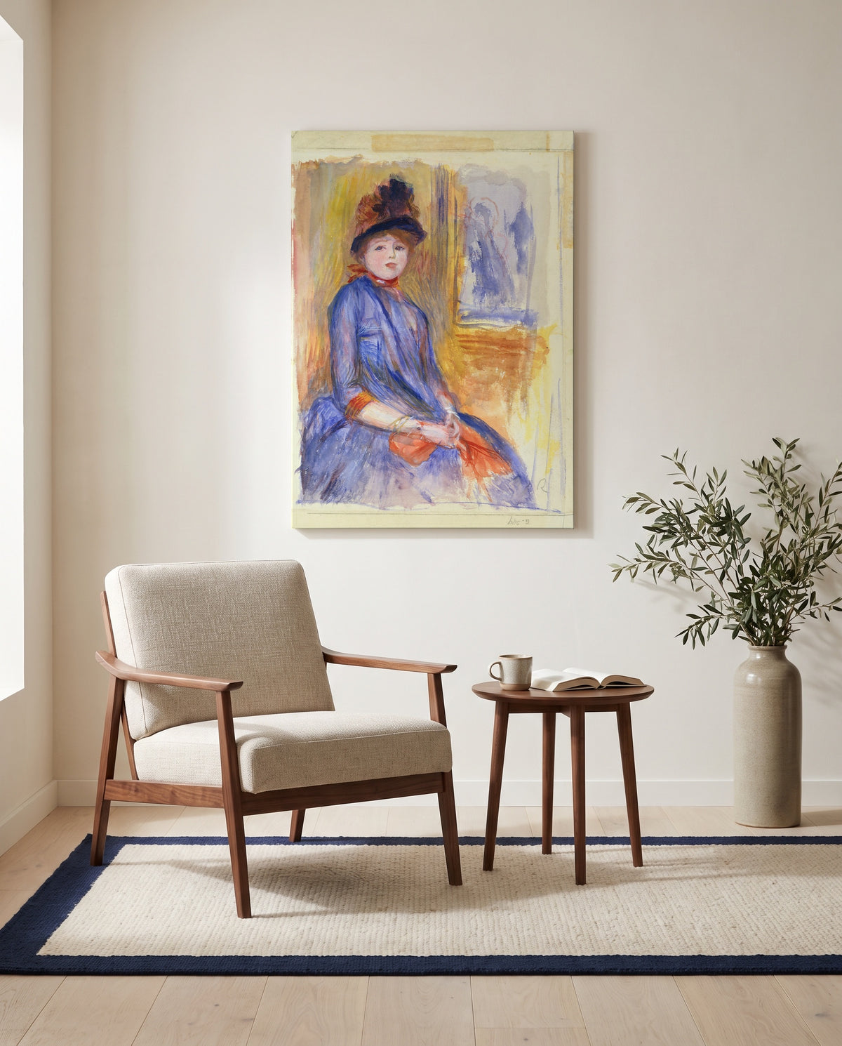 Young Girl in a Blue Dress by Pierre-Auguste Renoir as a stretched canvas above a linen lounge chair in a reading corner