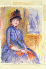 Young Girl in a Blue Dress by Renoir: a watercolour of a young woman in a blue dress and dark hat seated in a sketched room