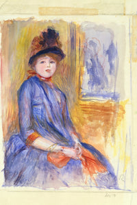Young Girl in a Blue Dress by Renoir: a watercolour of a young woman in a blue dress and dark hat seated in a sketched room