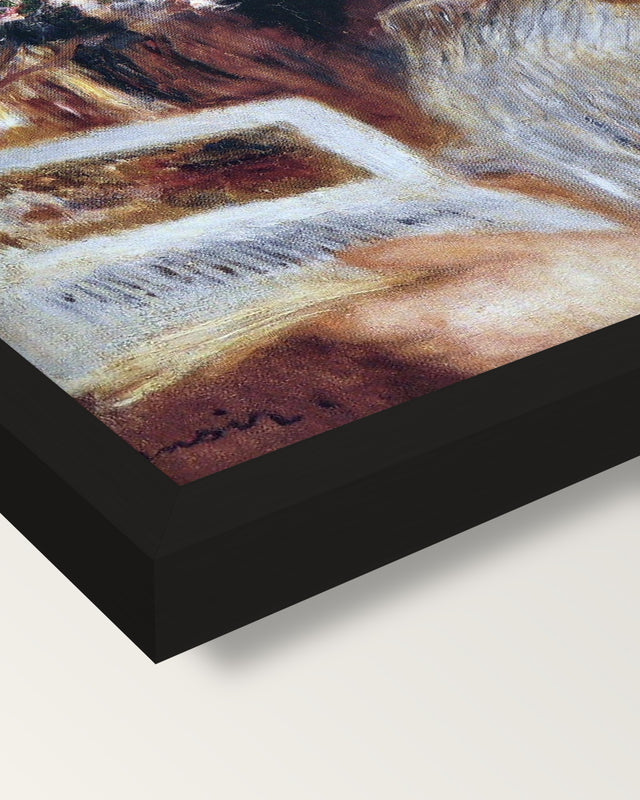 Reading Girl by Renoir framed print, corner close-up: black moulding, mitred, the print set just below its edge