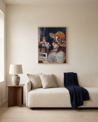 Reading Girl by Pierre-Auguste Renoir framed in natural oak above a cream sofa in a warm living room