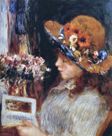 Reading Girl by Renoir: a girl with auburn hair in a straw hat with flowers, reading a book, a bouquet beside her