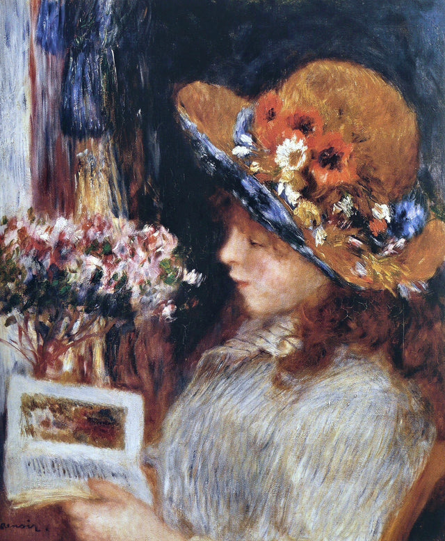 Reading Girl by Renoir: a girl with auburn hair in a straw hat with flowers, reading a book, a bouquet beside her