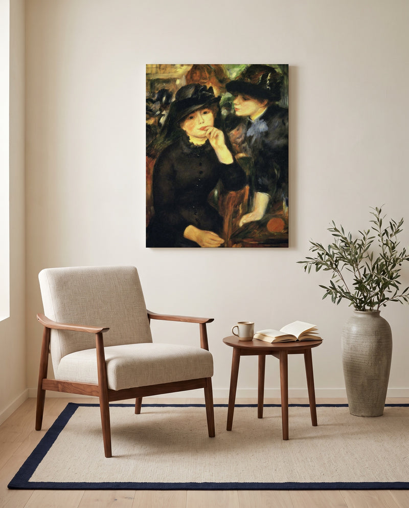 Young Women in Black by Pierre-Auguste Renoir as a stretched canvas above a linen lounge chair in a reading corner