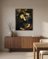 Young Women in Black by Pierre-Auguste Renoir in a black frame above a walnut sideboard in a dining room
