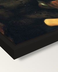 Young Women in Black by Renoir framed canvas, corner close-up: a black floating frame with a shadow gap round the canvas