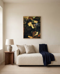 Young Women in Black by Pierre-Auguste Renoir framed in natural oak above a cream sofa in a warm living room
