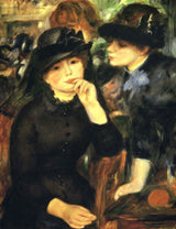 Young Women in Black by Renoir: two young women in black dresses and hats, one resting her chin on her hand, warm background