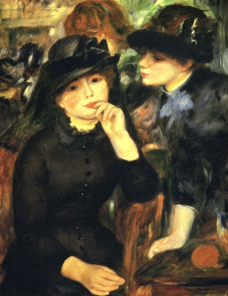 Young Women in Black by Renoir: two young women in black dresses and hats, one resting her chin on her hand, warm background