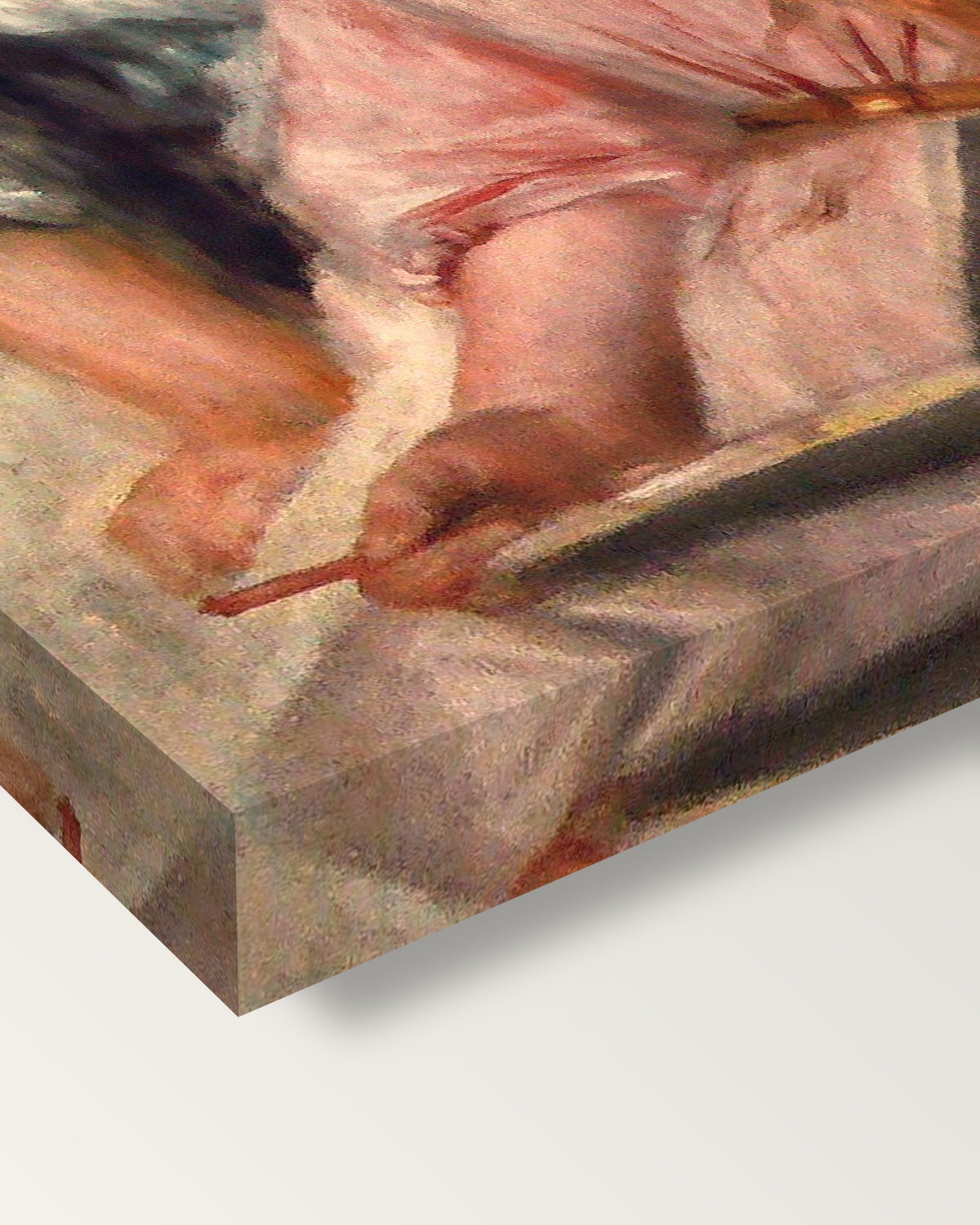 Girls Looking at an Album by Renoir on stretched canvas, corner close-up: the painting mirror-wrapped round the sides
