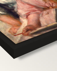 Girls Looking at an Album by Renoir framed canvas, corner close-up: a black floating frame with a shadow gap round the canvas