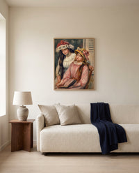 Girls Looking at an Album by Pierre-Auguste Renoir framed in natural oak above a cream sofa in a warm living room