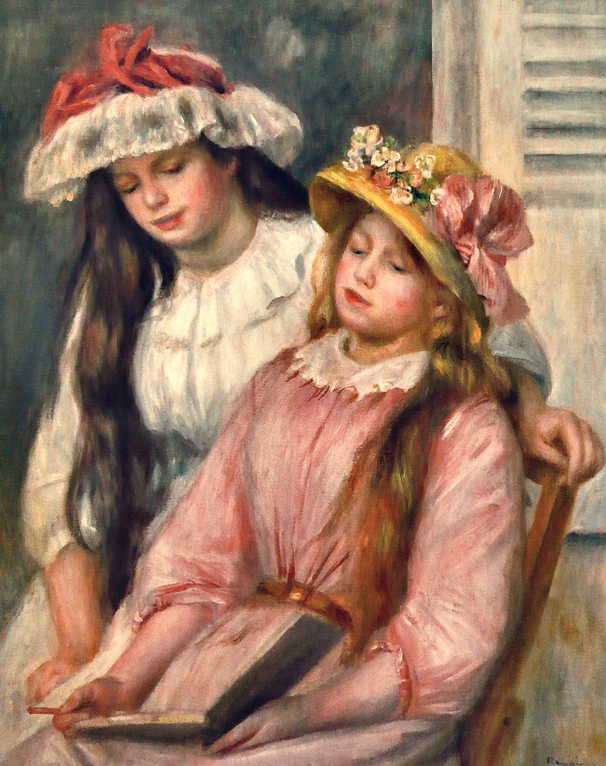 Young Girls Looking at an Album by Renoir: two girls in flowered hats, one blonde, one dark, over an open album