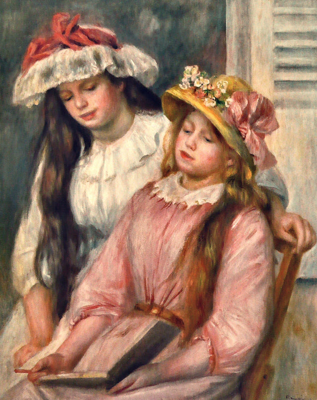 Young Girls Looking at an Album by Renoir: two girls in flowered hats, one blonde, one dark, over an open album