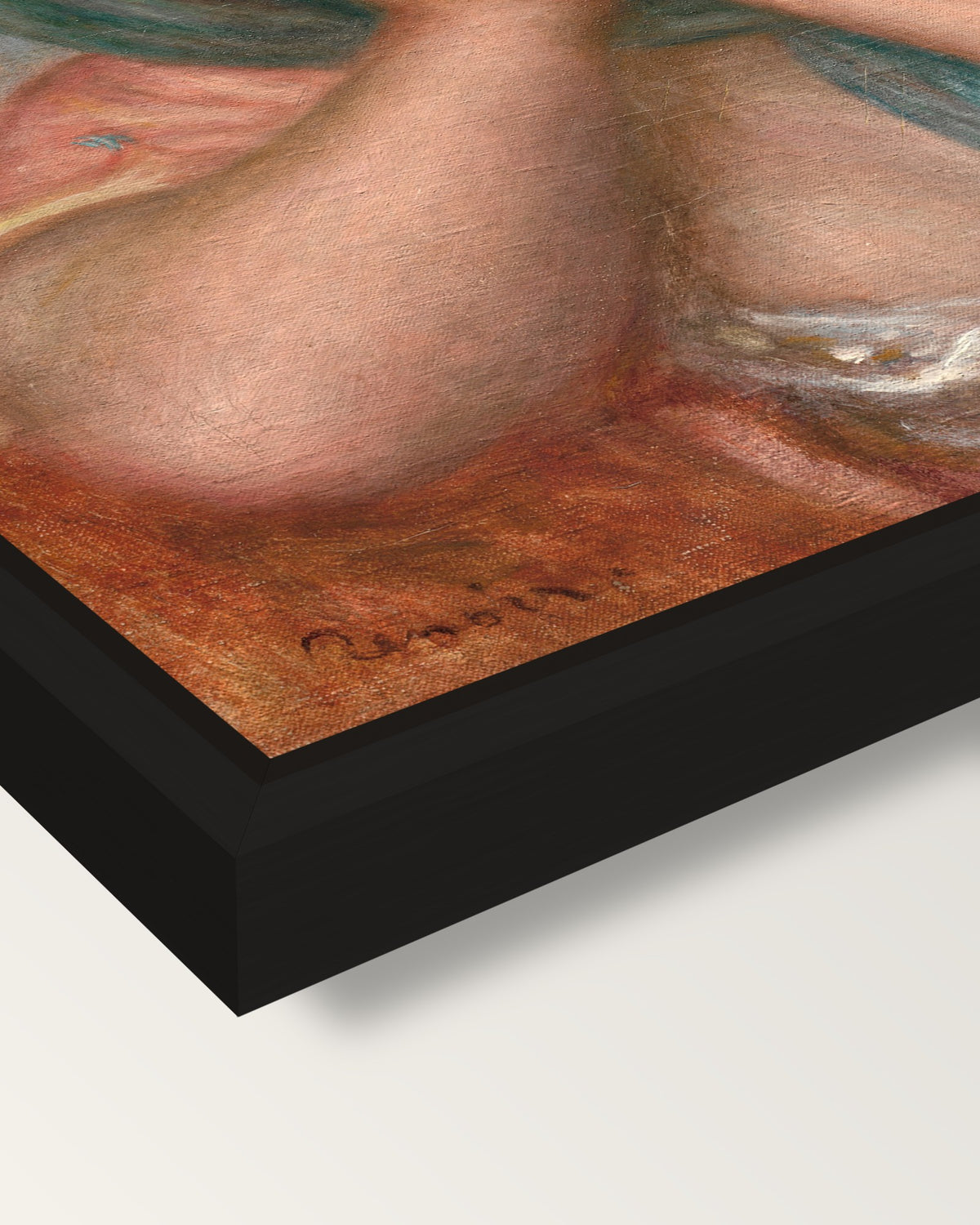 Young Woman Arranging Her Earring framed canvas, corner close-up: a black floating frame with a shadow gap round the canvas