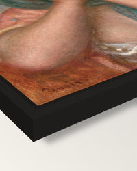 Young Woman Arranging Her Earring framed canvas, corner close-up: a black floating frame with a shadow gap round the canvas