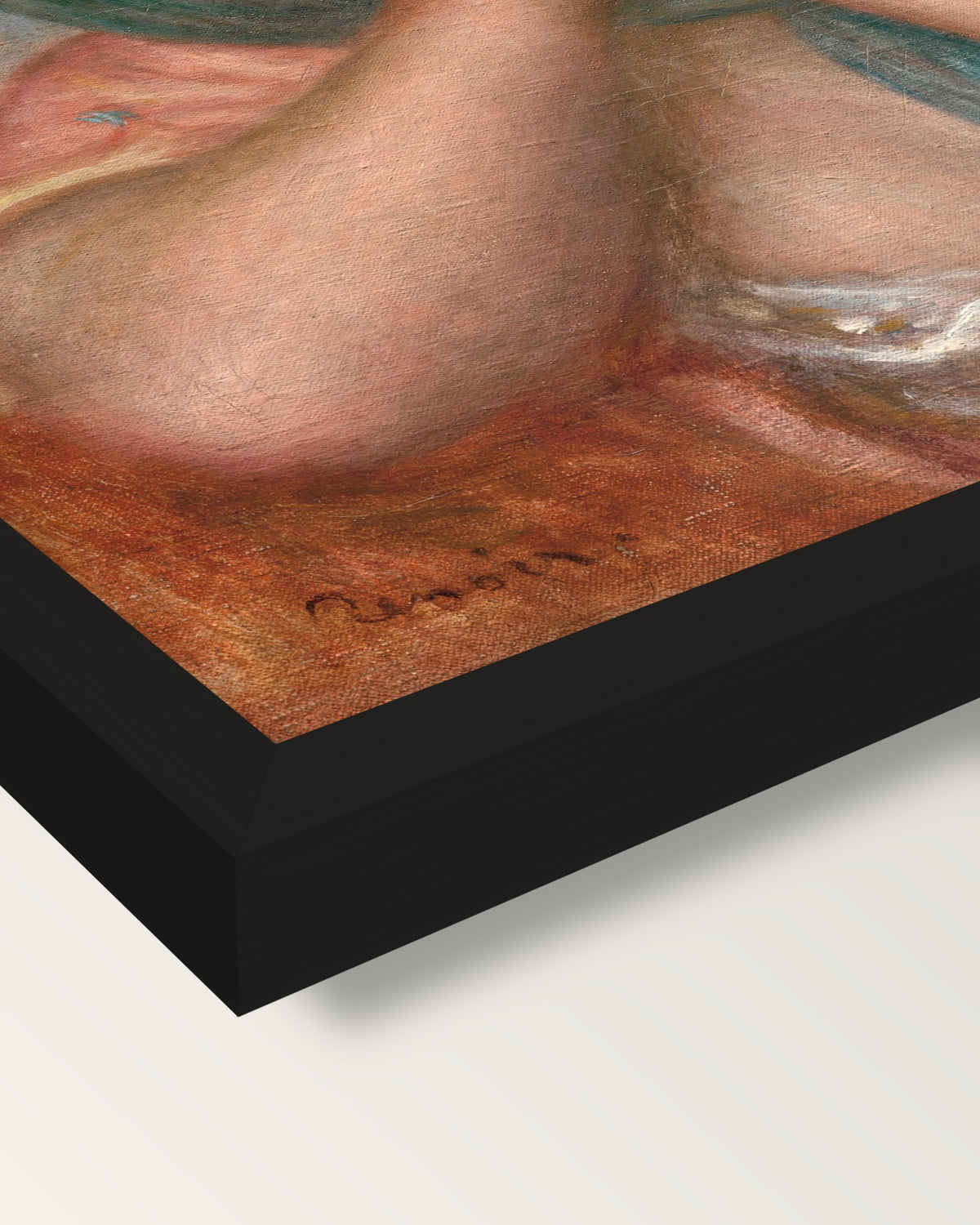 Young Woman Arranging Her Earring framed print, corner close-up: black moulding, mitred, the print set just below its edge