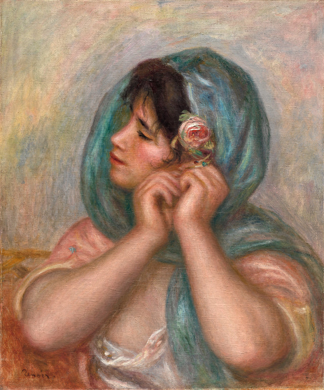 Young Woman Arranging Her Earring by Renoir: a young woman in a blue-green scarf, a pink rose in her hair, hands at her ear