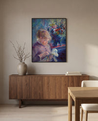 Young Woman Sewing by Pierre-Auguste Renoir in a black frame above a walnut sideboard in a dining room