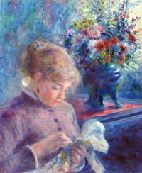 Young Woman Sewing by Pierre-Auguste Renoir: a young woman in blue bent over her embroidery, a vase of flowers beside her