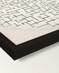 Composition 10 by Piet Mondrian framed canvas, corner close-up: a black floating frame with a shadow gap round the canvas