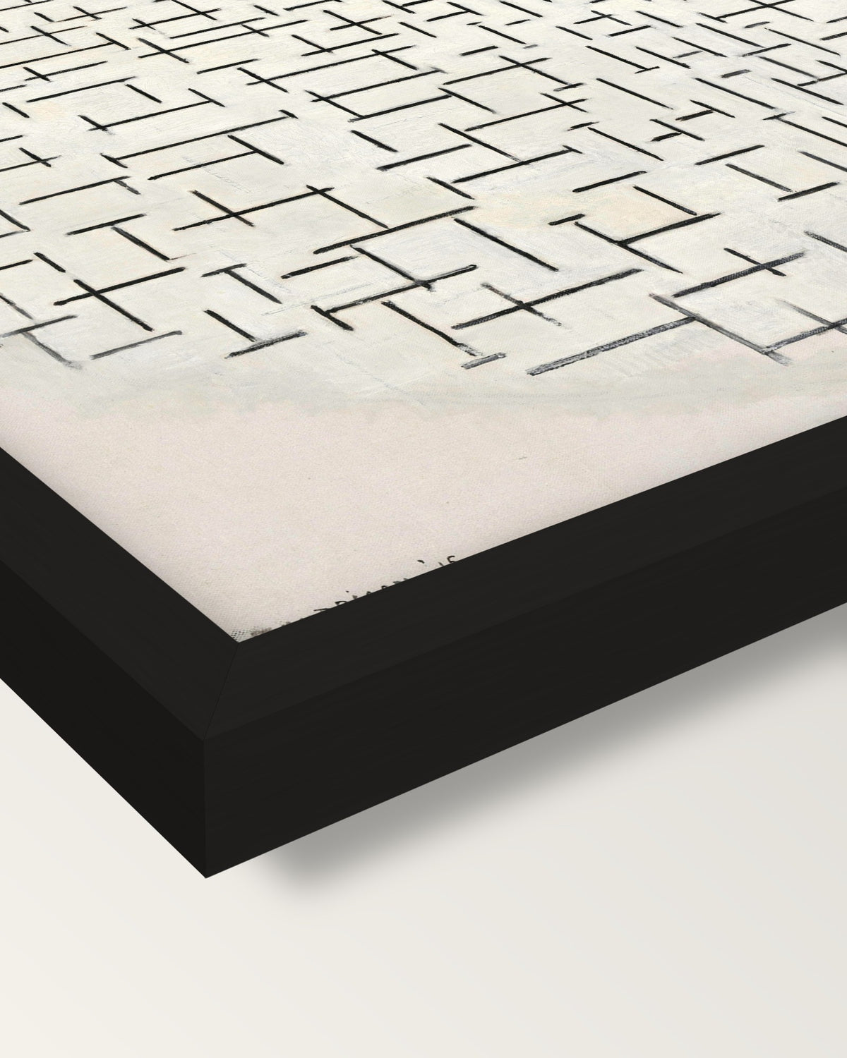 Composition 10 by Piet Mondrian framed print, corner close-up: black moulding, mitred, the print set just below its edge