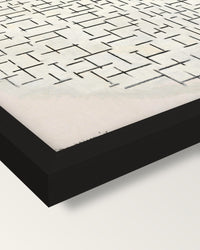 Composition 10 by Piet Mondrian framed print, corner close-up: black moulding, mitred, the print set just below its edge