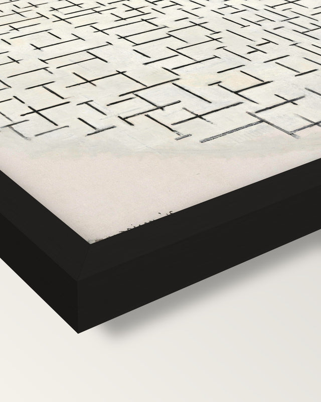 Composition 10 by Piet Mondrian framed print, corner close-up: black moulding, mitred, the print set just below its edge