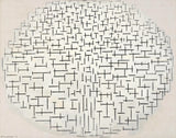 Composition 10 in Black and White by Piet Mondrian: an oval of short black crosses and lines on a white ground