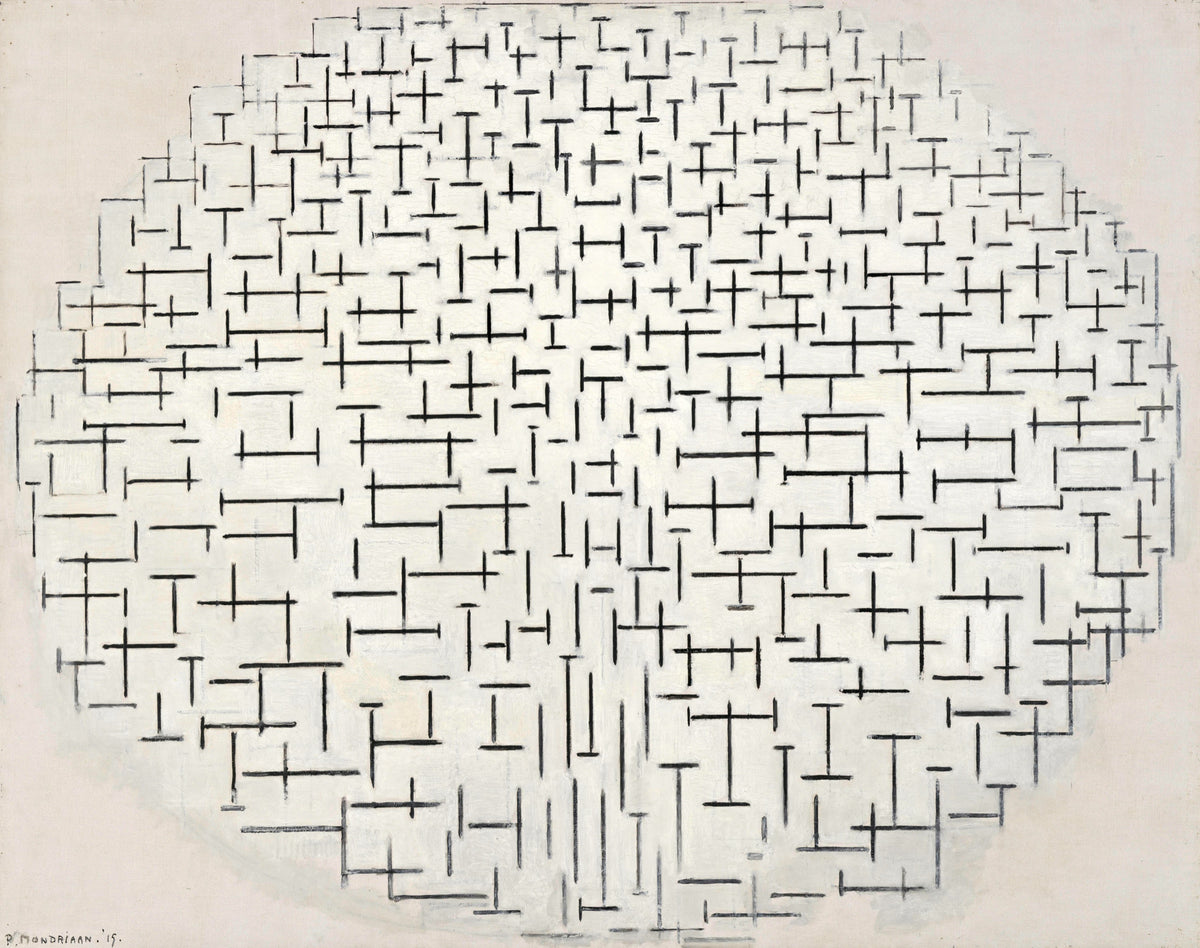 Composition 10 in Black and White by Piet Mondrian: an oval of short black crosses and lines on a white ground