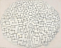 Composition 10 in Black and White by Piet Mondrian: an oval of short black crosses and lines on a white ground