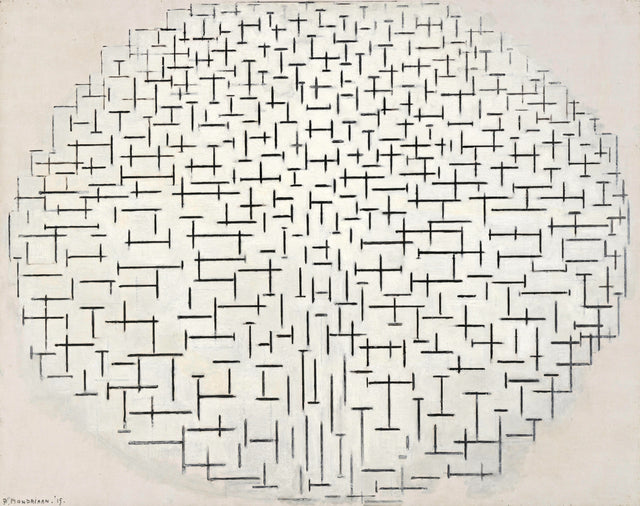 Composition 10 in Black and White by Piet Mondrian: an oval of short black crosses and lines on a white ground