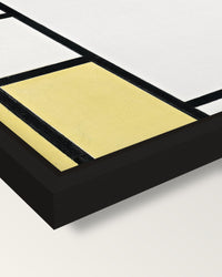 Blue, Red, Yellow and Black framed canvas, corner close-up: a black floating frame with a shadow gap round the canvas