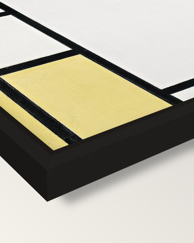Blue, Red, Yellow and Black framed canvas, corner close-up: a black floating frame with a shadow gap round the canvas