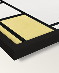 Blue, Red, Yellow and Black framed print, corner close-up: black moulding, mitred, the print set just below its edge