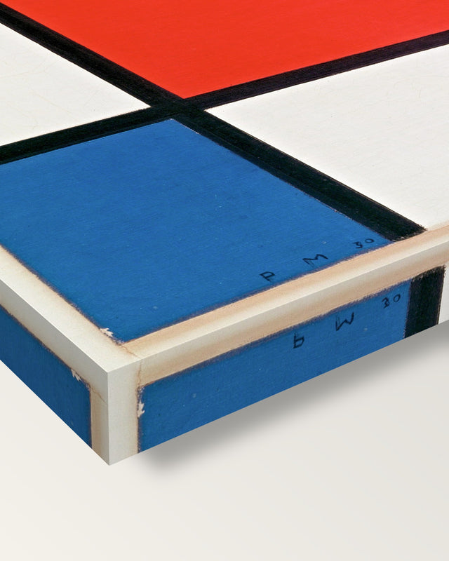 Composition II by Piet Mondrian on stretched canvas, corner close-up: the painting mirror-wrapped round the sides