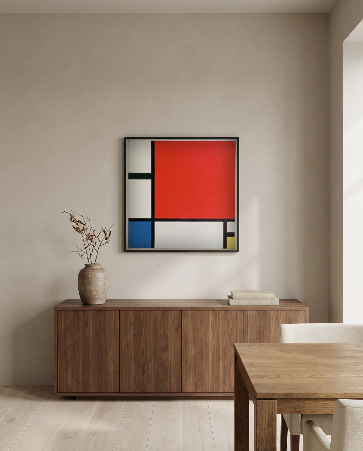 Composition II by Piet Mondrian in a black frame above a walnut sideboard in a dining room