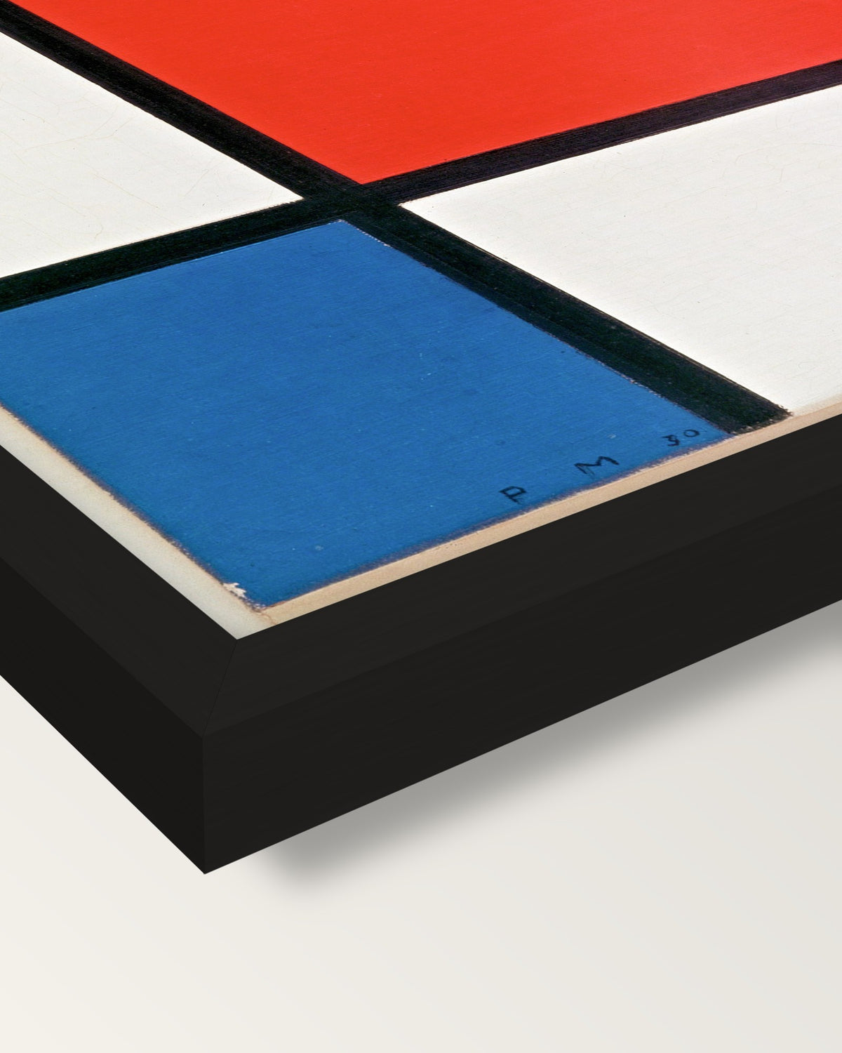 Composition II by Piet Mondrian framed print, corner close-up: black moulding, mitred, the print set just below its edge