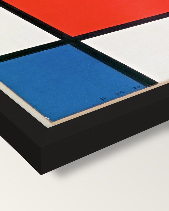 Composition II by Piet Mondrian framed print, corner close-up: black moulding, mitred, the print set just below its edge